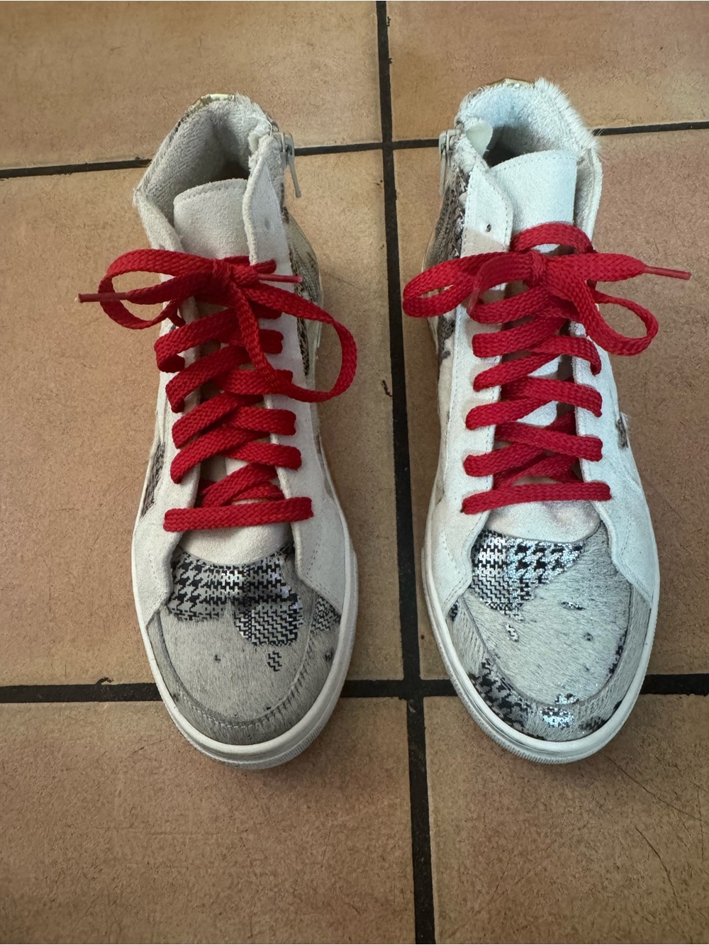 Dylan Skye High-Top Mixed Media Sneakers with Red laces